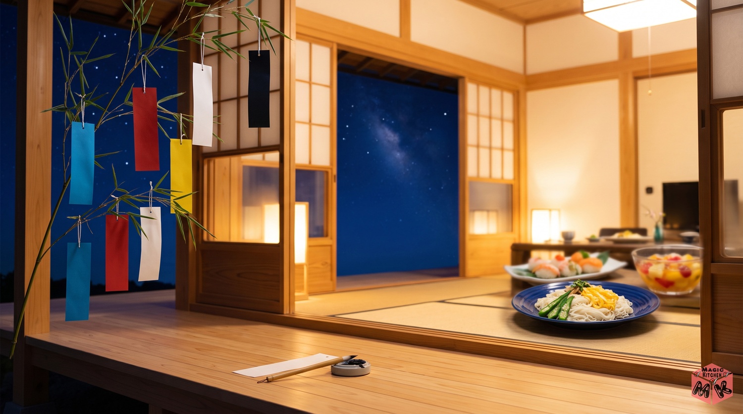 七夕の夜に家族で食卓を囲むイメージ