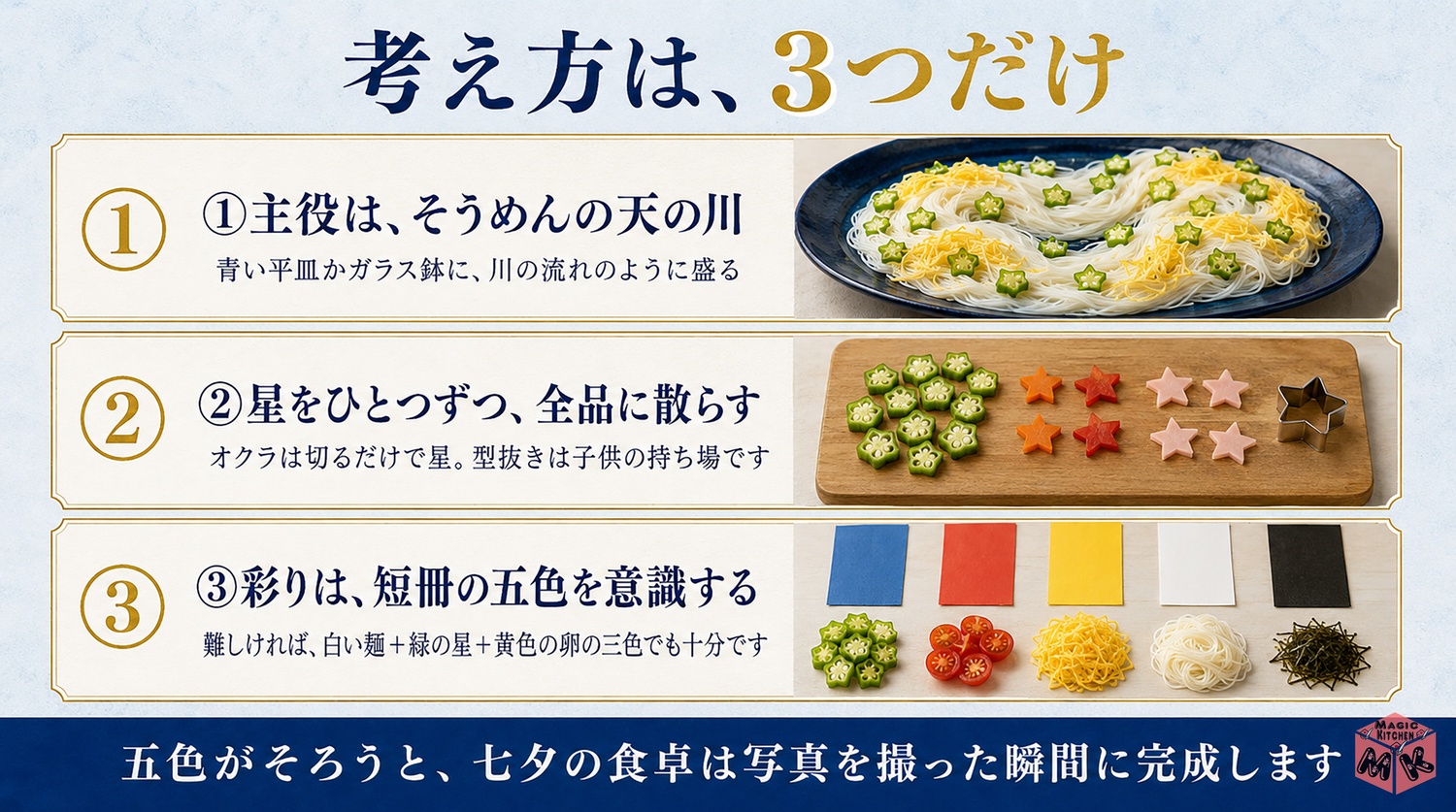 七夕の献立の考え方3つのポイントの図解
