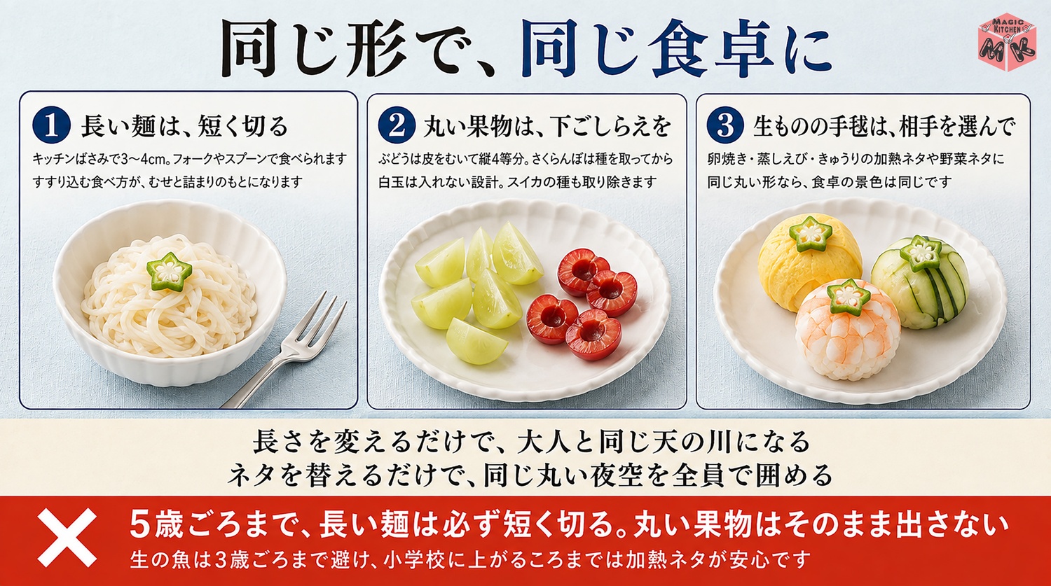七夕の見守り3つの図解(長い麺は短く切る・丸い果物は下ごしらえ・生ものの手毬は相手を選んで)