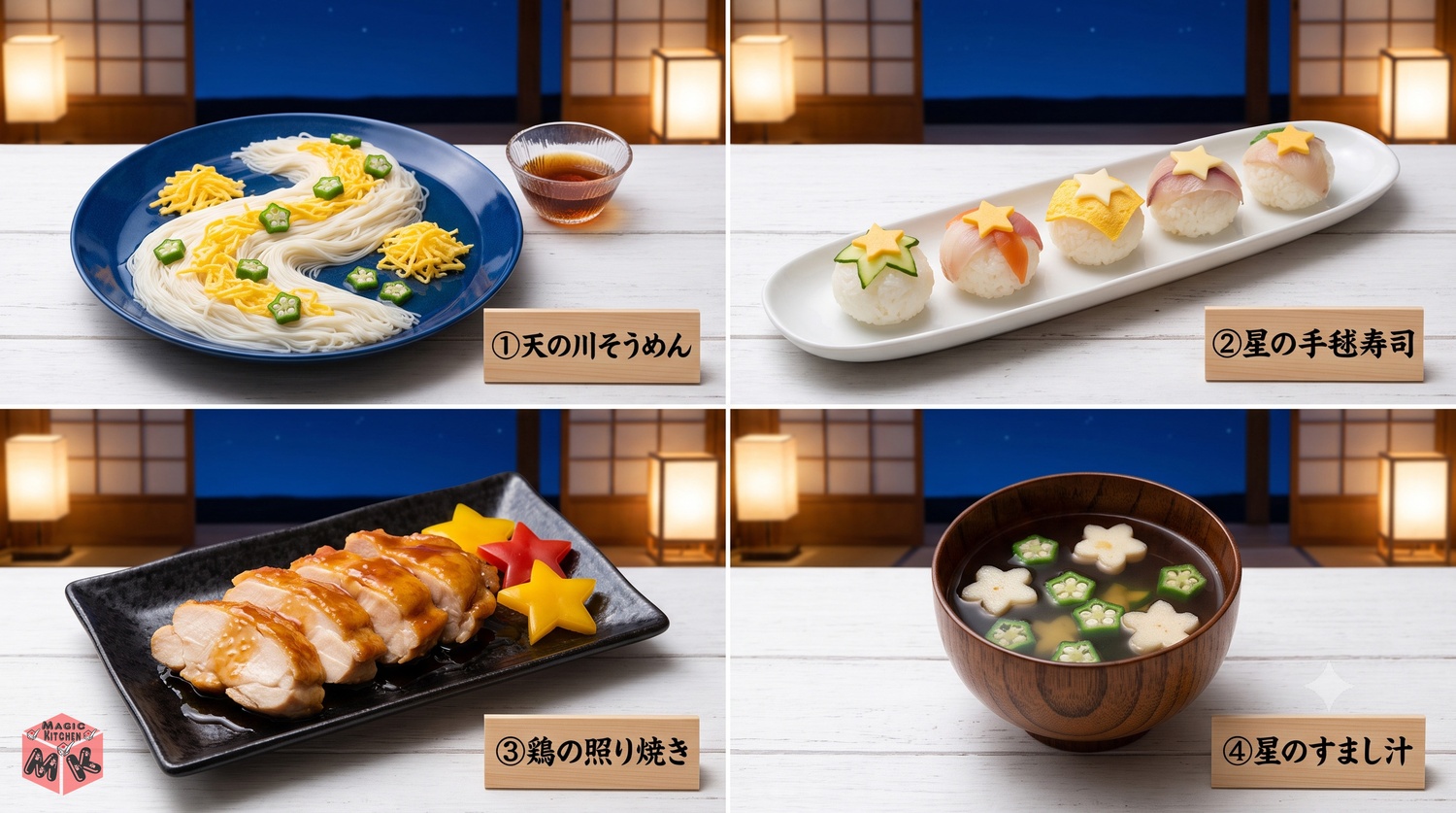 七夕の献立の主役4品のコラージュ(天の川そうめん・星の手毬寿司・鶏の照り焼き・星のすまし汁)