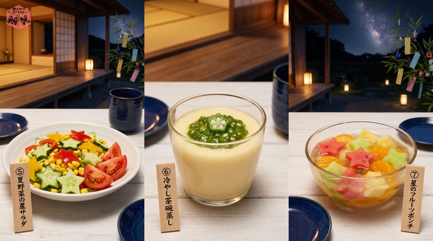 七夕の脇役とデザート3品のコラージュ(夏野菜の星サラダ・冷やし茶碗蒸し・星のフルーツポンチ)