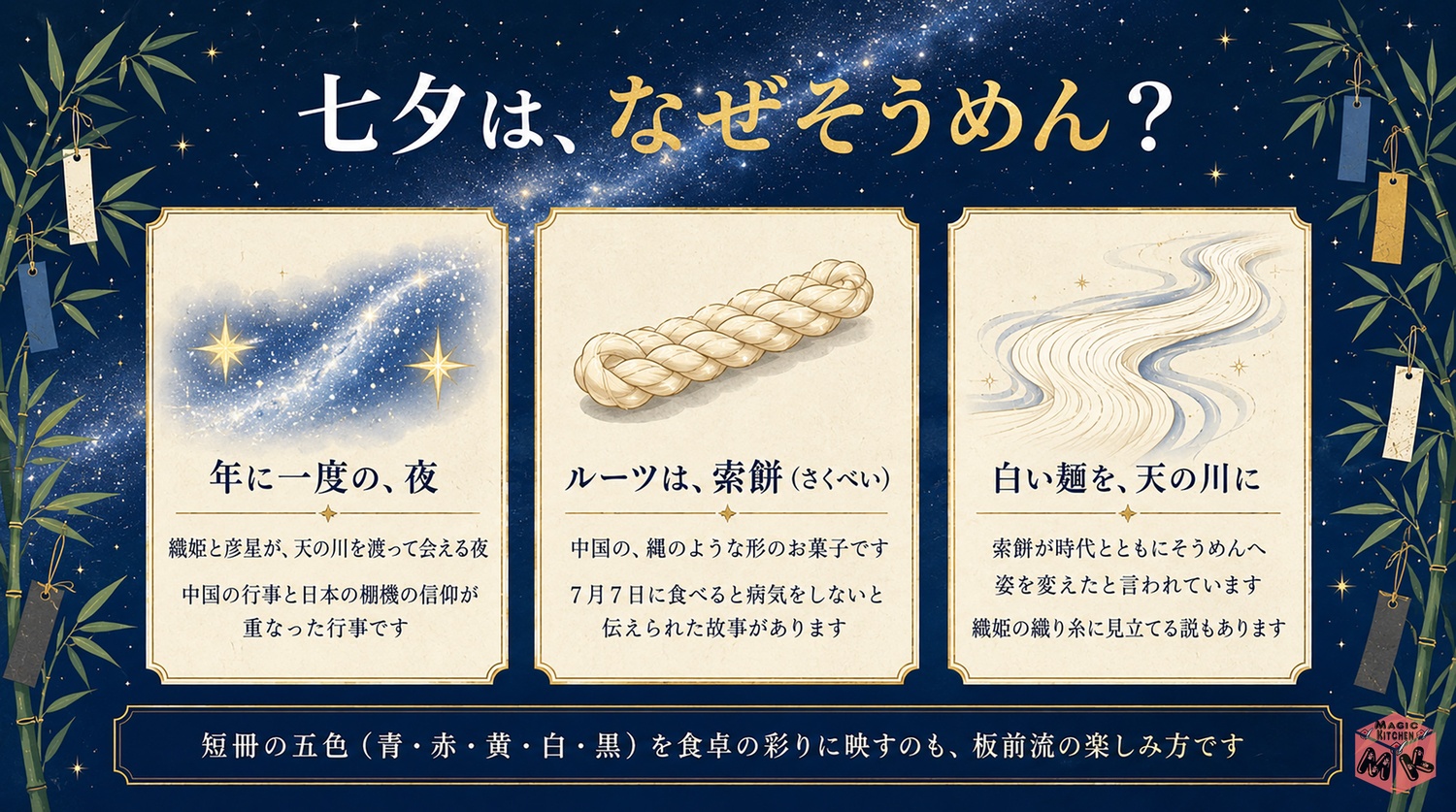 七夕にそうめんを食べる由来と索餅の物語の図解