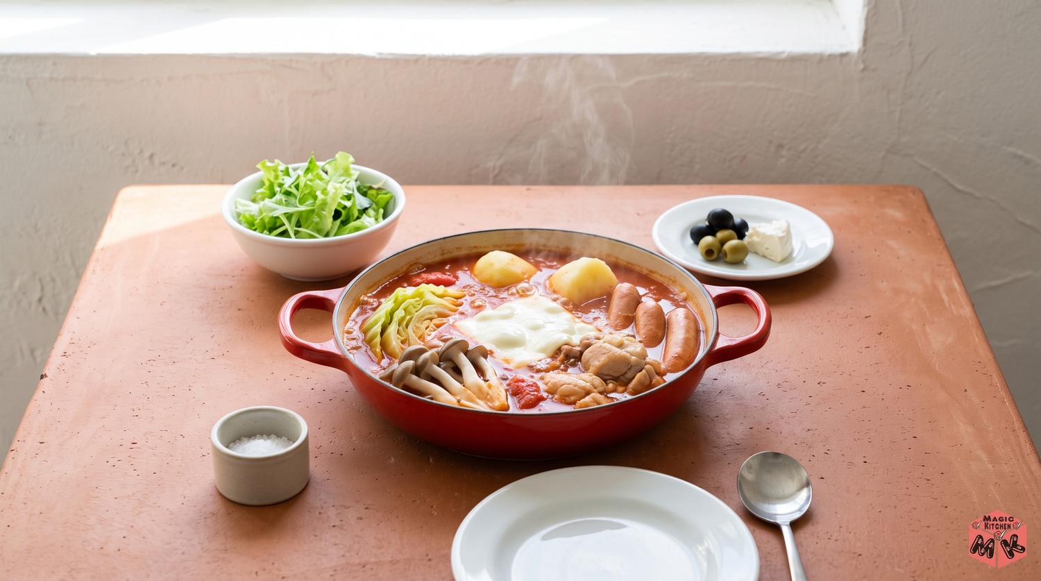 赤いトマト鍋と副菜小鉢の食卓イメージ