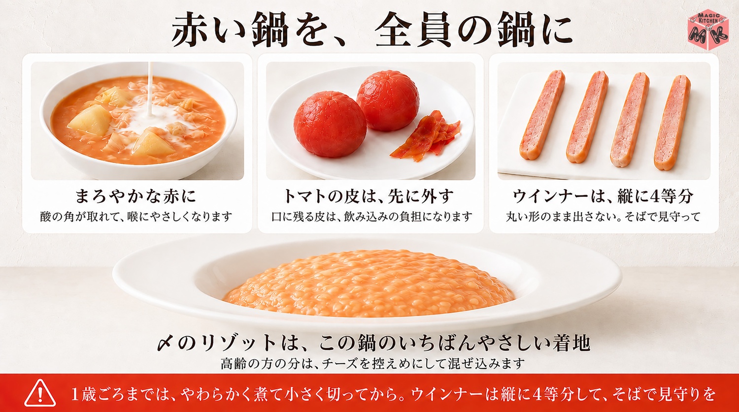 高齢者や子供にやさしいトマト鍋の工夫の図解