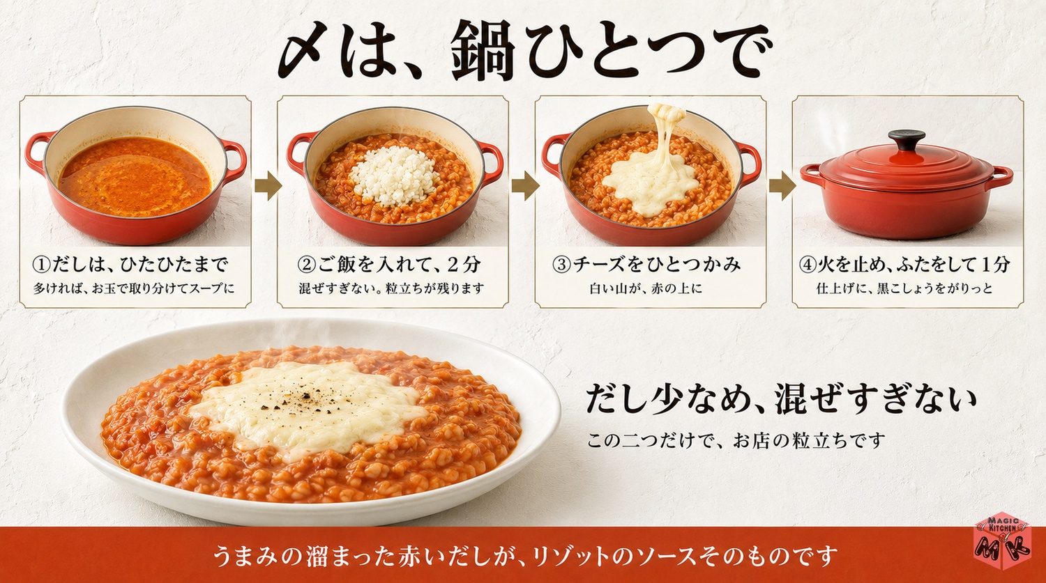 トマト鍋の〆チーズリゾットの作り方の図解