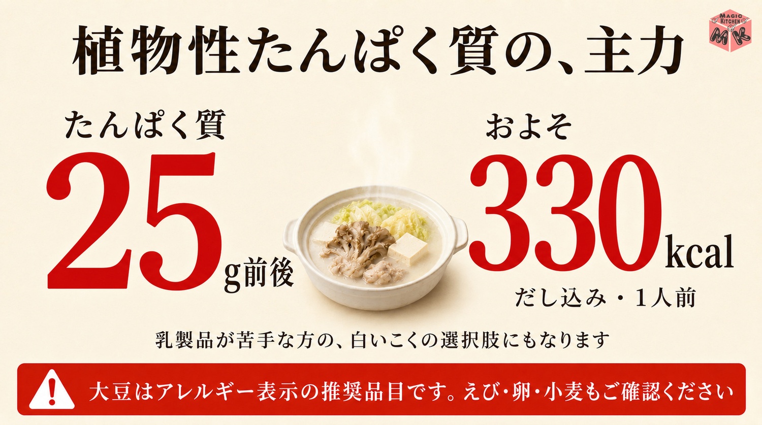豆乳鍋はたんぱく質25g前後でだし込みおよそ330kcalと大豆アレルギー表示の図解