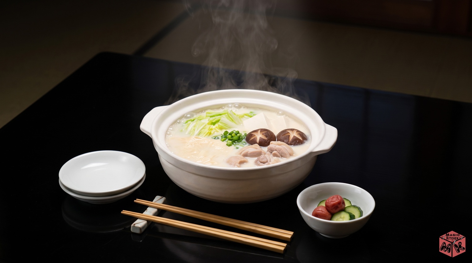 白い豆乳鍋と副菜小鉢の冬の食卓イメージ