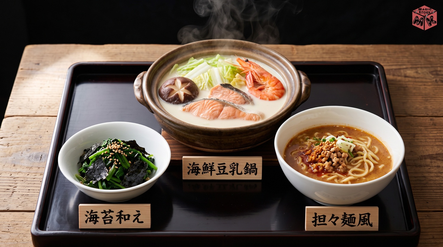 海鮮豆乳鍋とほうれん草の海苔和えと担々麺風の献立例Bの完成イメージ