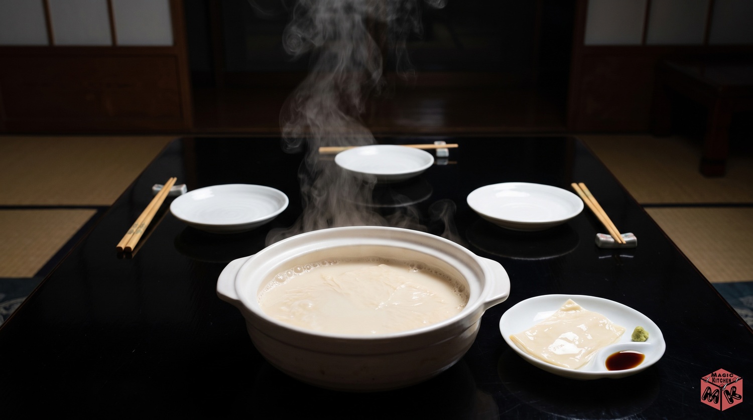 湯葉をすくう手元と家族の食卓イメージ