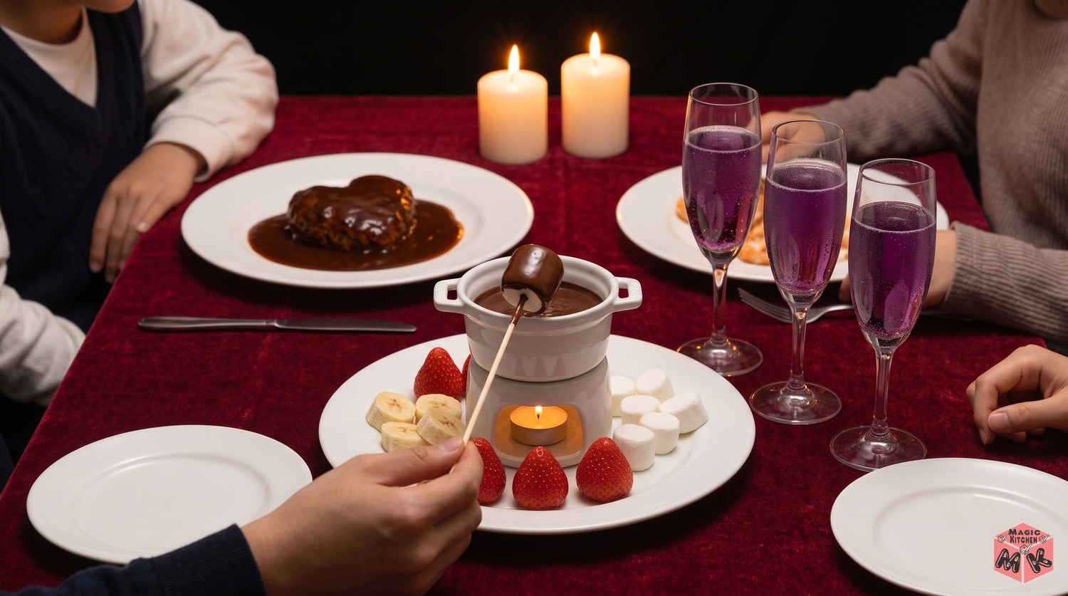 バレンタインの夜にチョコフォンデュを囲む家族のイメージ