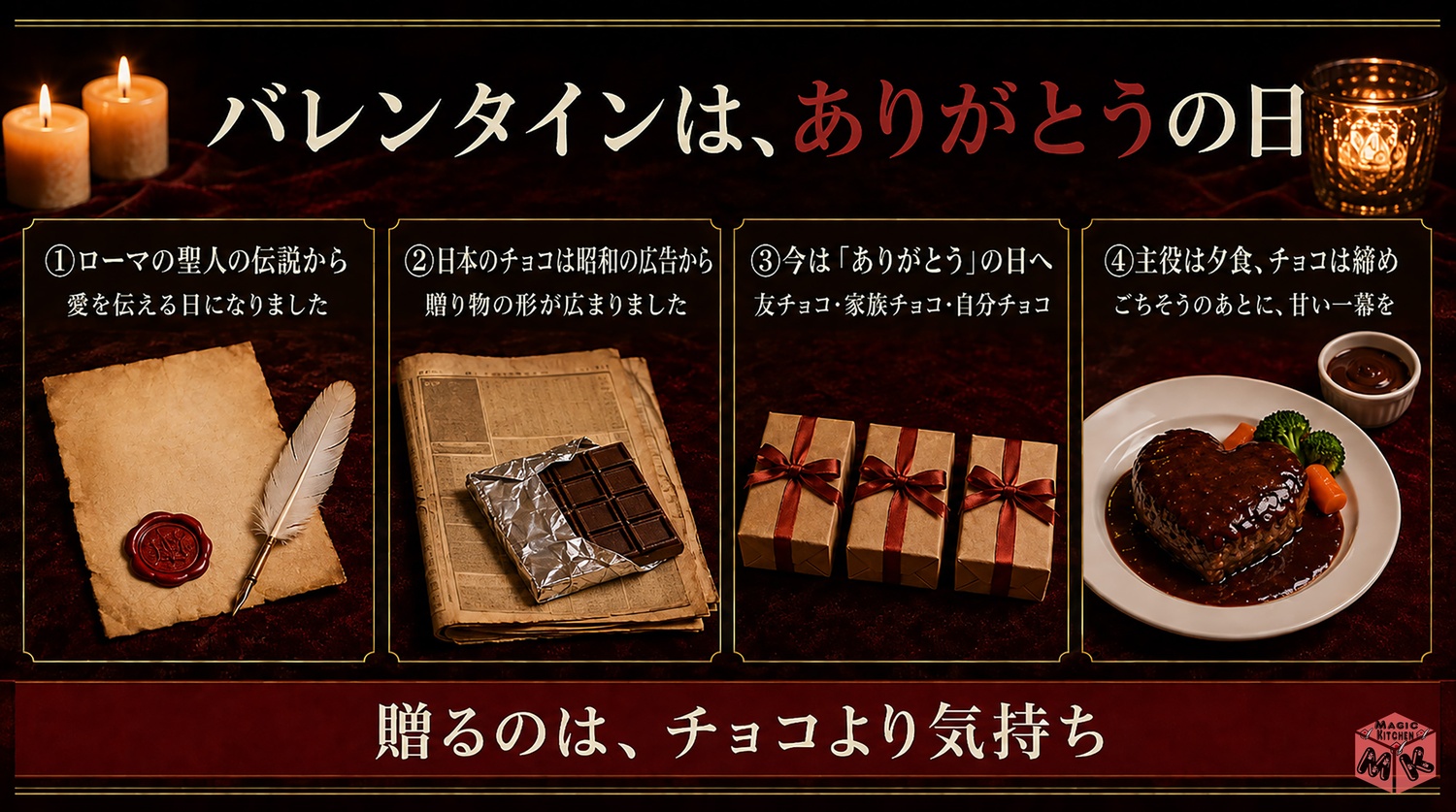 バレンタインとチョコ文化の由来をまとめた図解