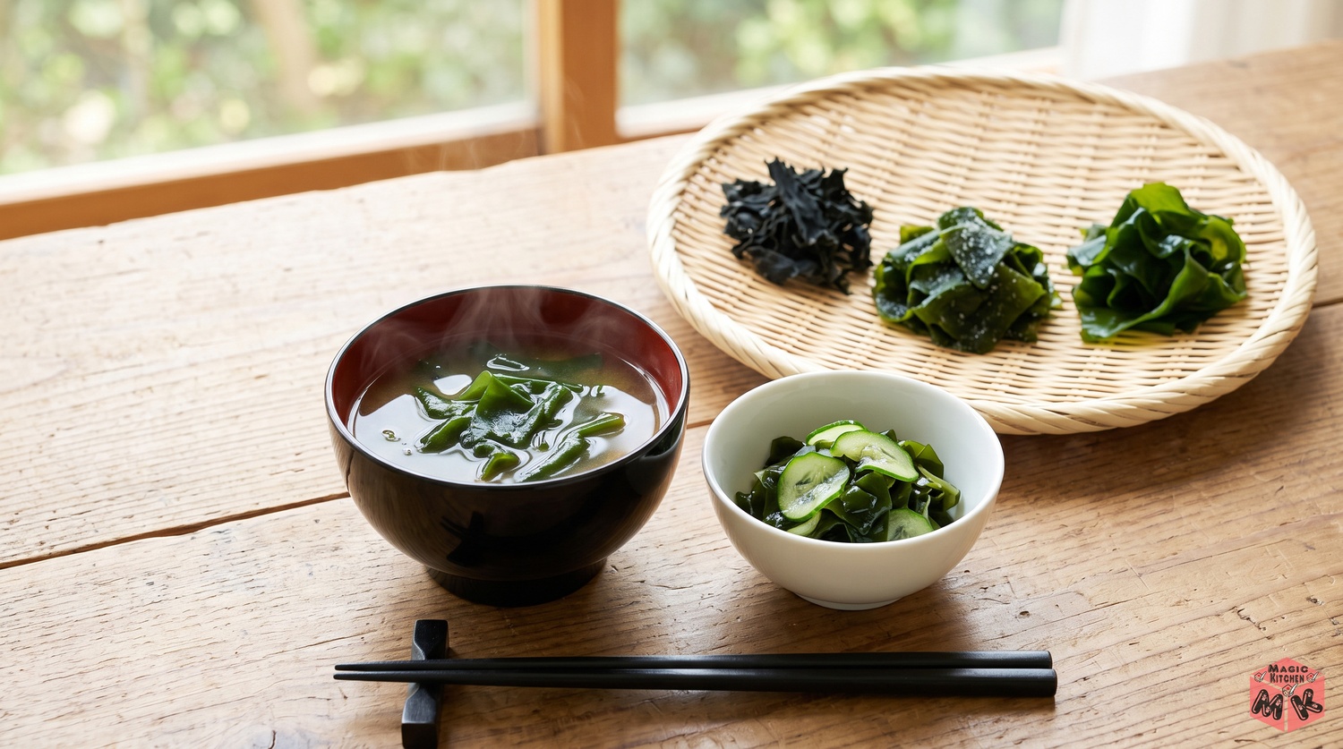 わかめの味噌汁と酢の物と乾燥塩蔵生の三姉妹の食卓イメージ