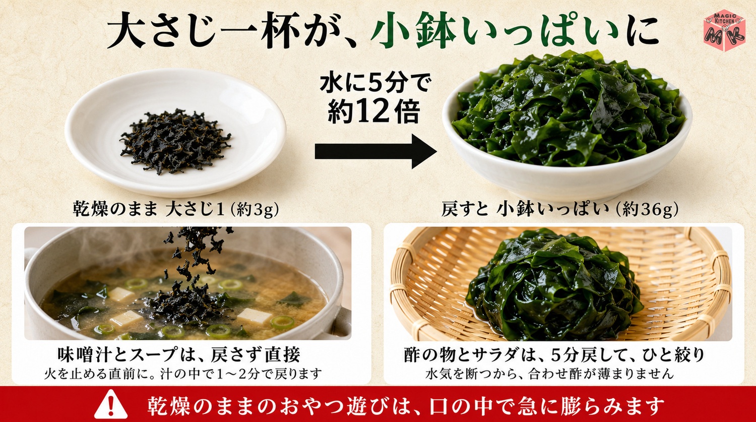 乾燥わかめは水5分で12倍に戻る工程図