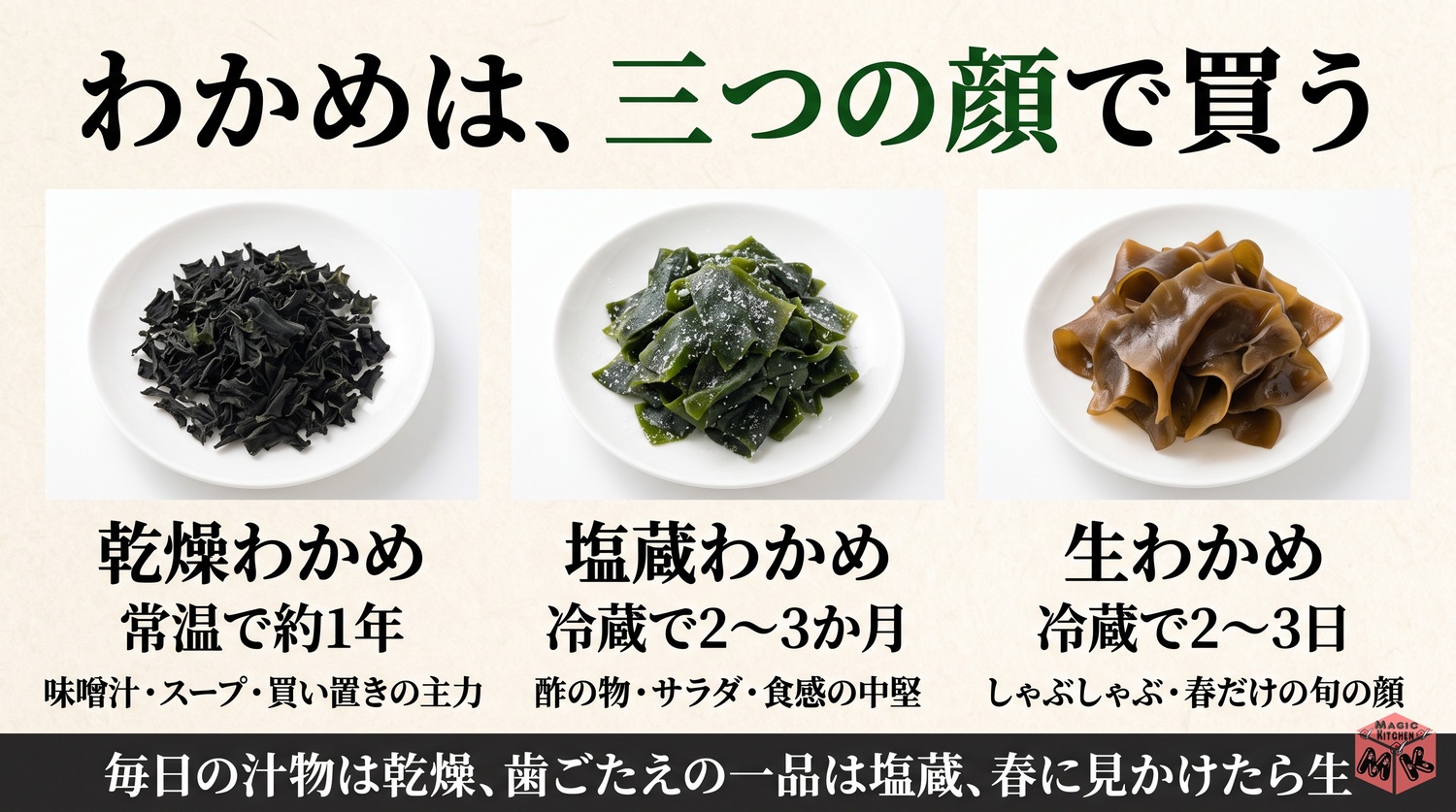 乾燥塩蔵生のわかめ三姉妹の使い分けマップ