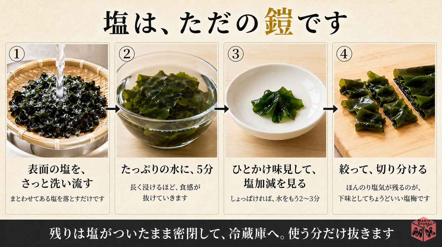 塩蔵わかめをさっと洗って水5分で塩抜きする工程図