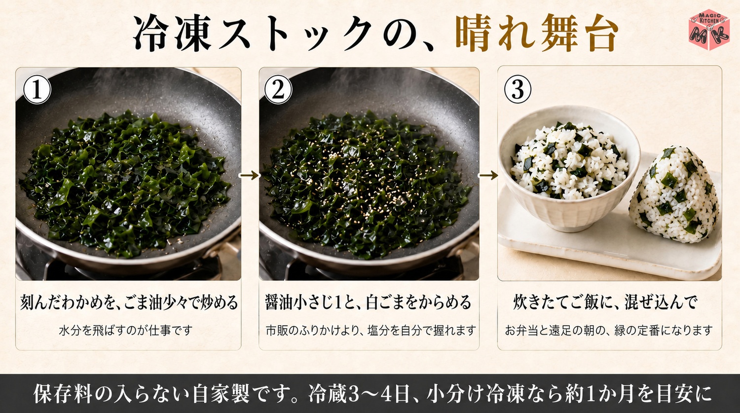 刻んだわかめをごま油で炒めて醤油と白ごまをからめる自家製わかめご飯の素の図解