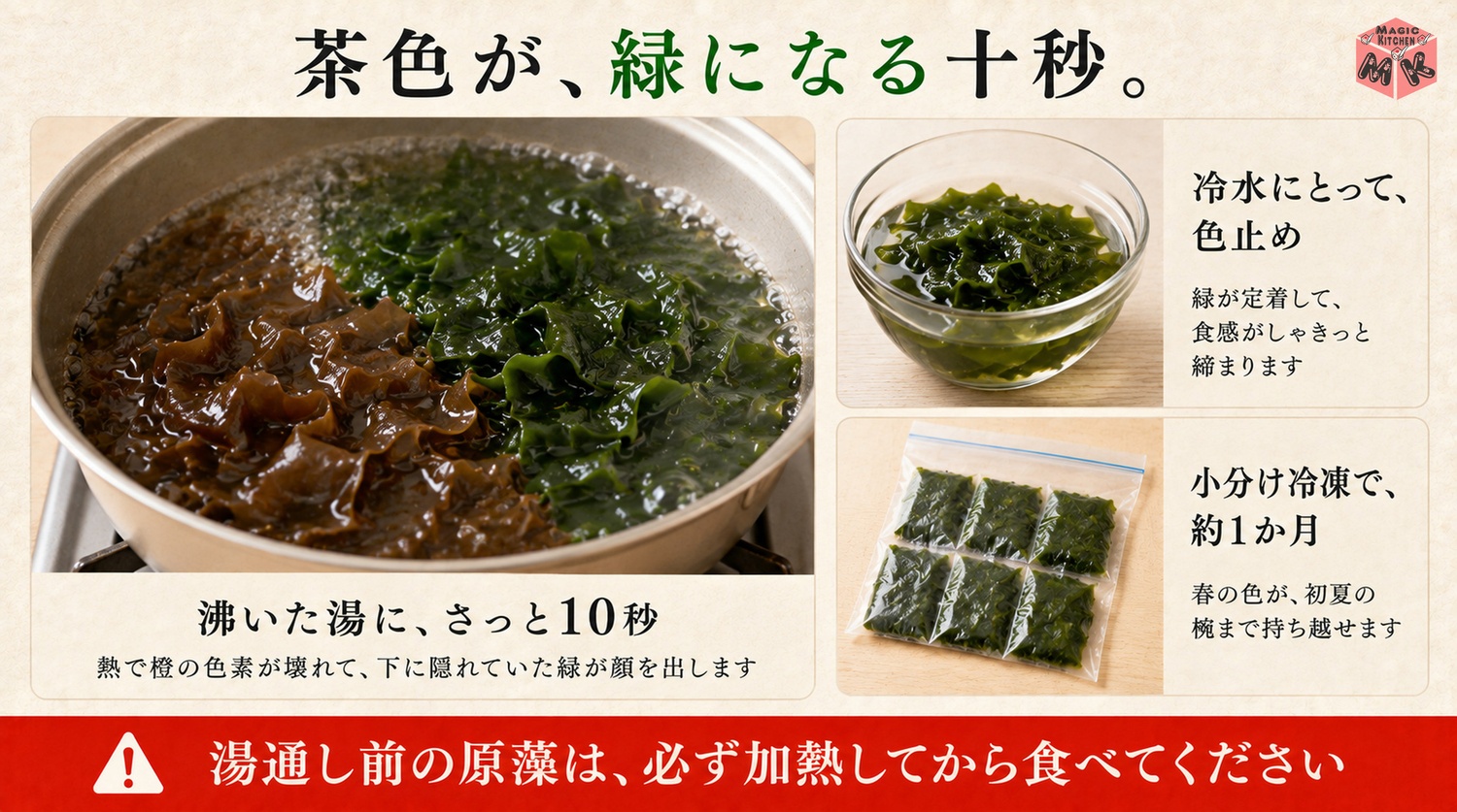 生わかめが湯通しで茶褐色から鮮緑に変わる工程図