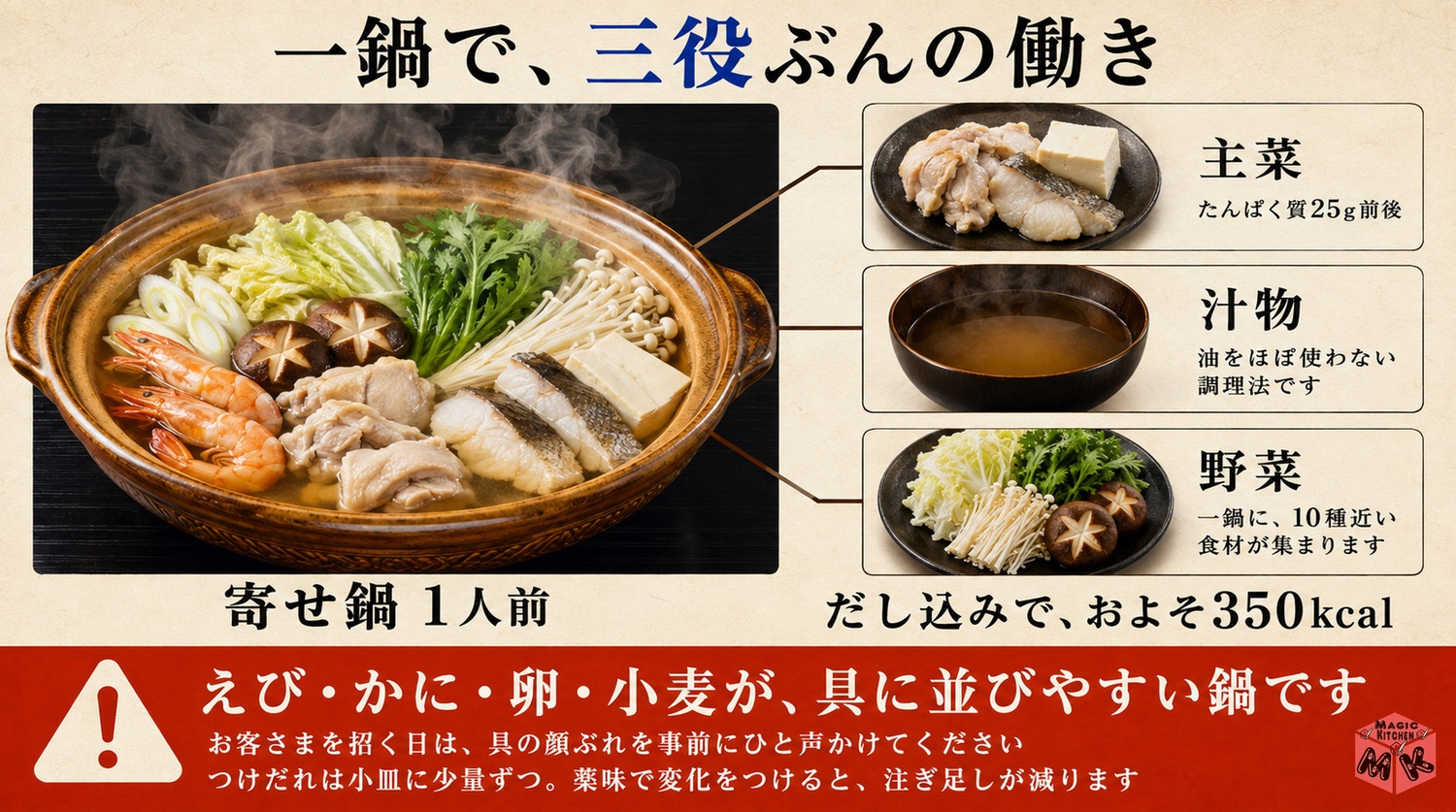寄せ鍋は主菜と汁物と野菜の三役でだし込みおよそ350kcalでえびかに卵小麦が並びやすい図解
