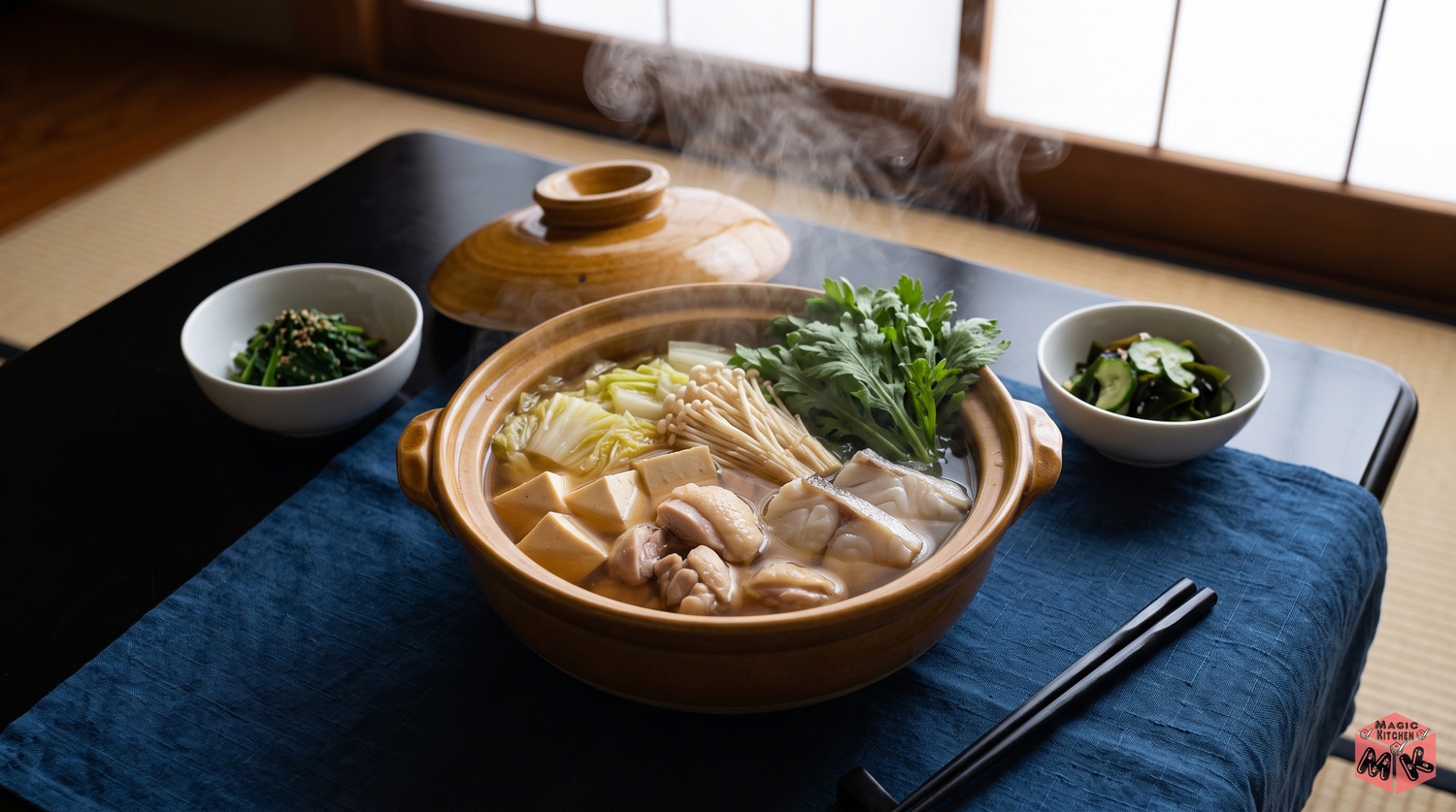 湯気の寄せ鍋と副菜小鉢の並ぶ冬の食卓イメージ