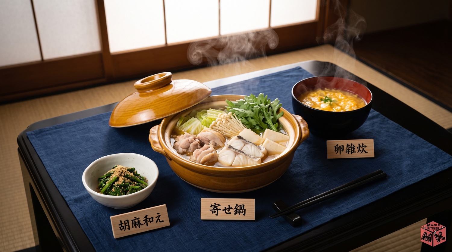 寄せ鍋と胡麻和えと〆の卵雑炊の献立例Aの完成イメージ