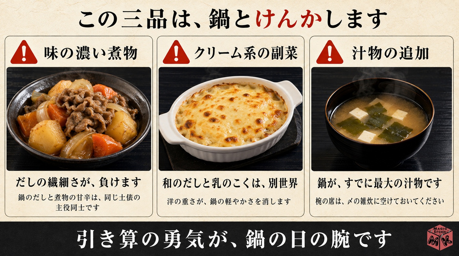 寄せ鍋献立のNG組み合わせ3選の対比図