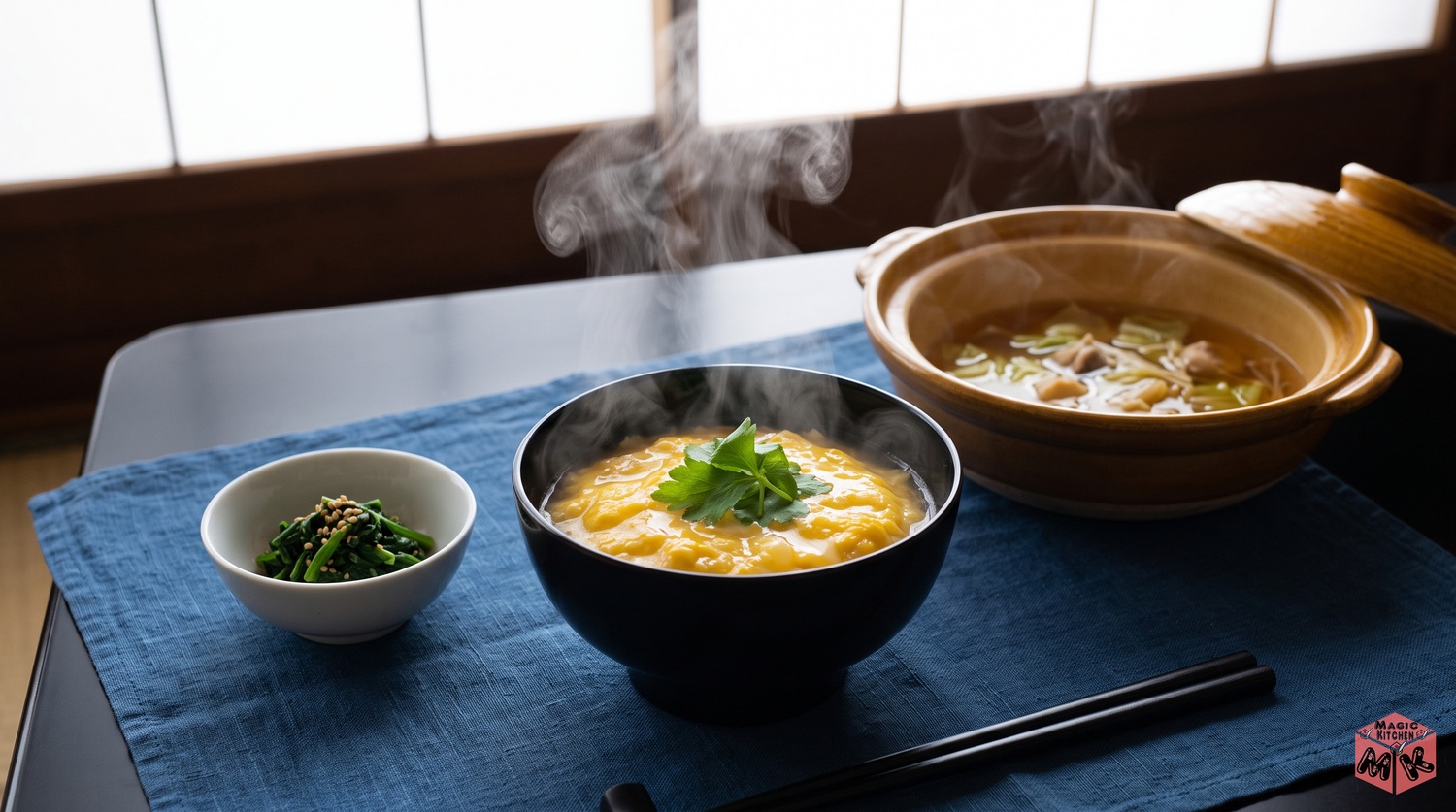 〆の雑炊と家族の食卓イメージ