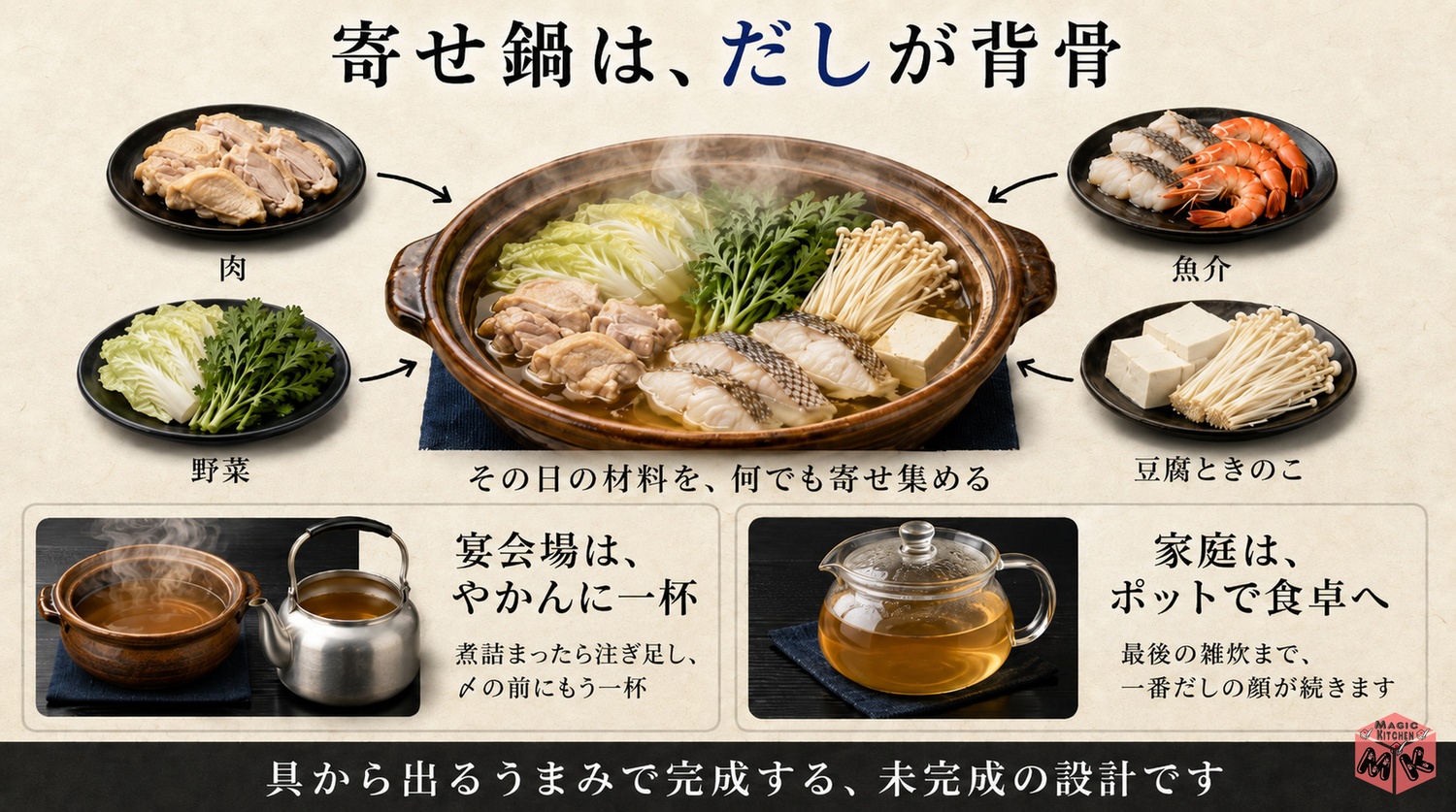 寄せ鍋は寄せ集めの発祥でだしが命という図解