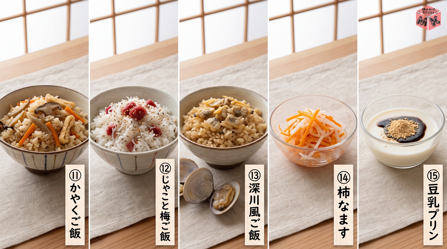 湯豆腐に合うご飯ものと甘味5品のコラージュ(かやくご飯・じゃこと梅・深川風・柿なます・豆乳プリン)
