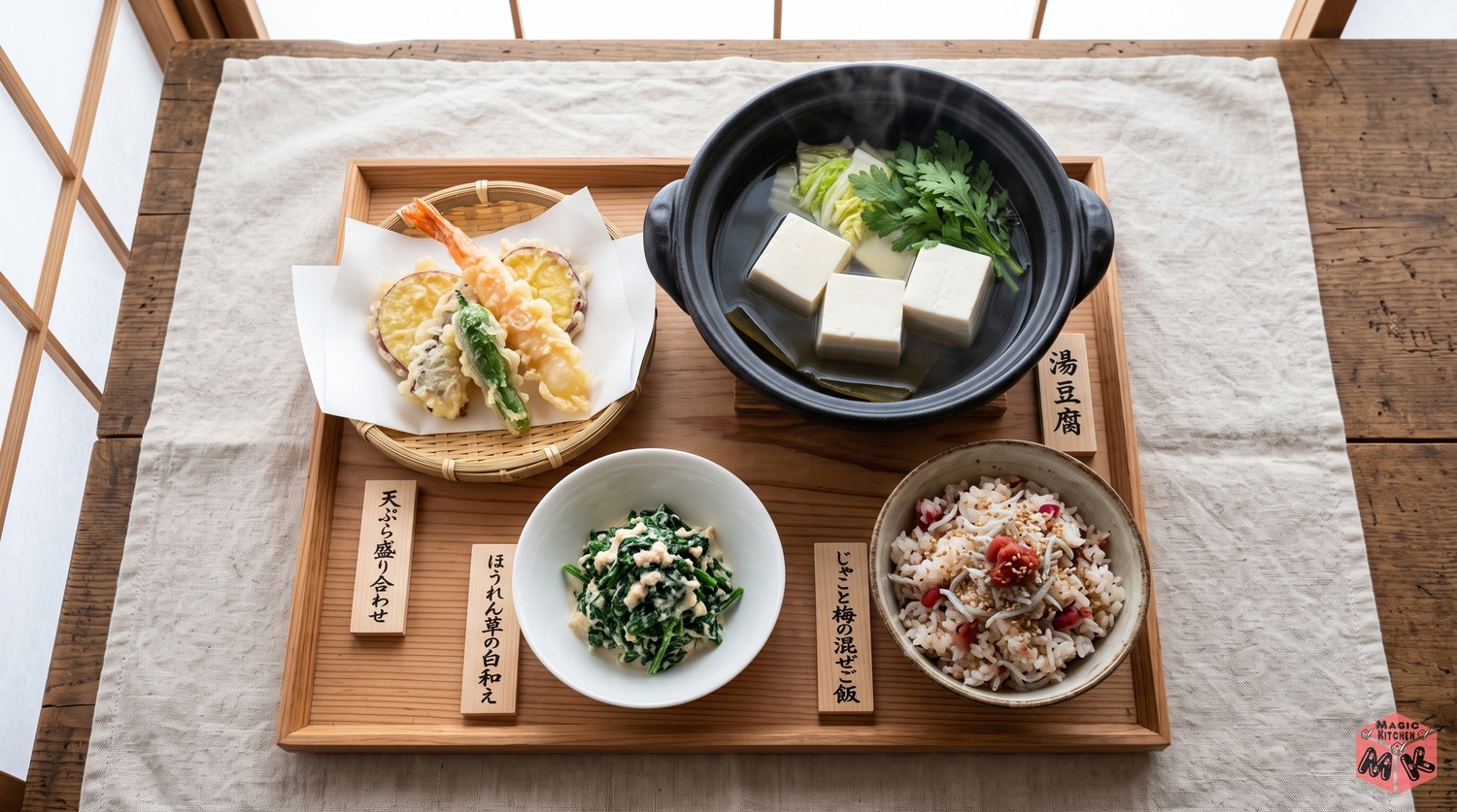 湯豆腐の献立例B湯豆腐晩酌型の配膳イメージ
