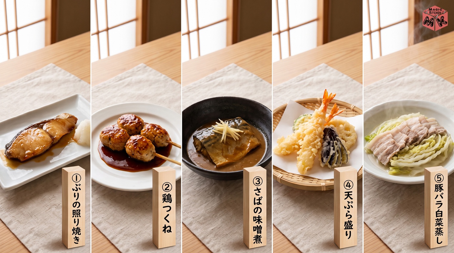 湯豆腐に合う主菜級の5品のコラージュ(ぶりの照り焼き・鶏つくね・さばの味噌煮・天ぷら・豚バラ白菜蒸し)