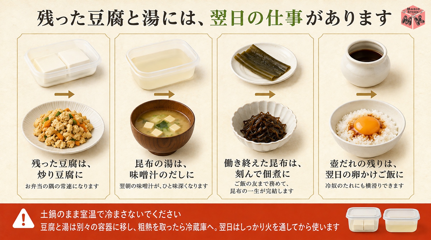 残った豆腐と湯を翌日の仕込みに使う図解