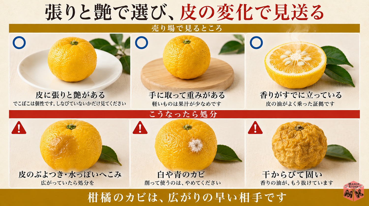 ゆずの選び方と傷んだサインの図解