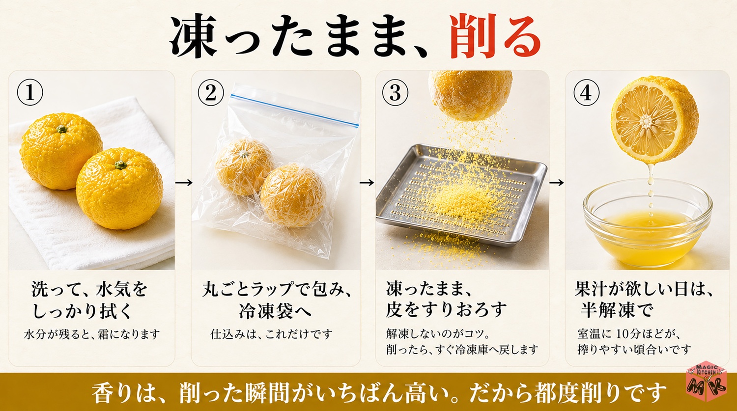 ゆずを丸ごと冷凍して凍ったまま皮をすりおろす工程図