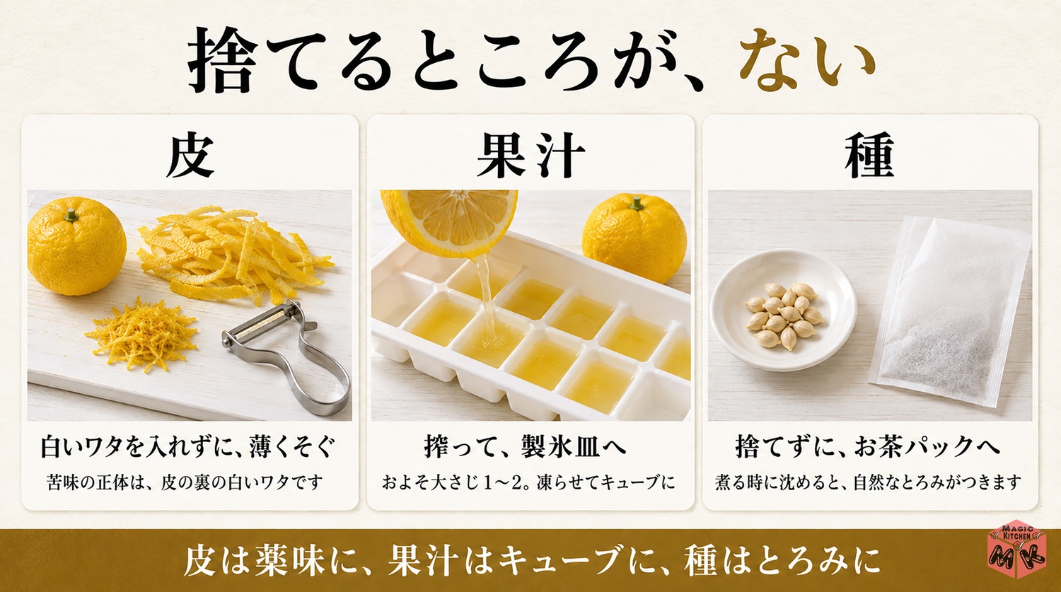 ゆずの皮と果汁と種を仕分けて保存する工程図