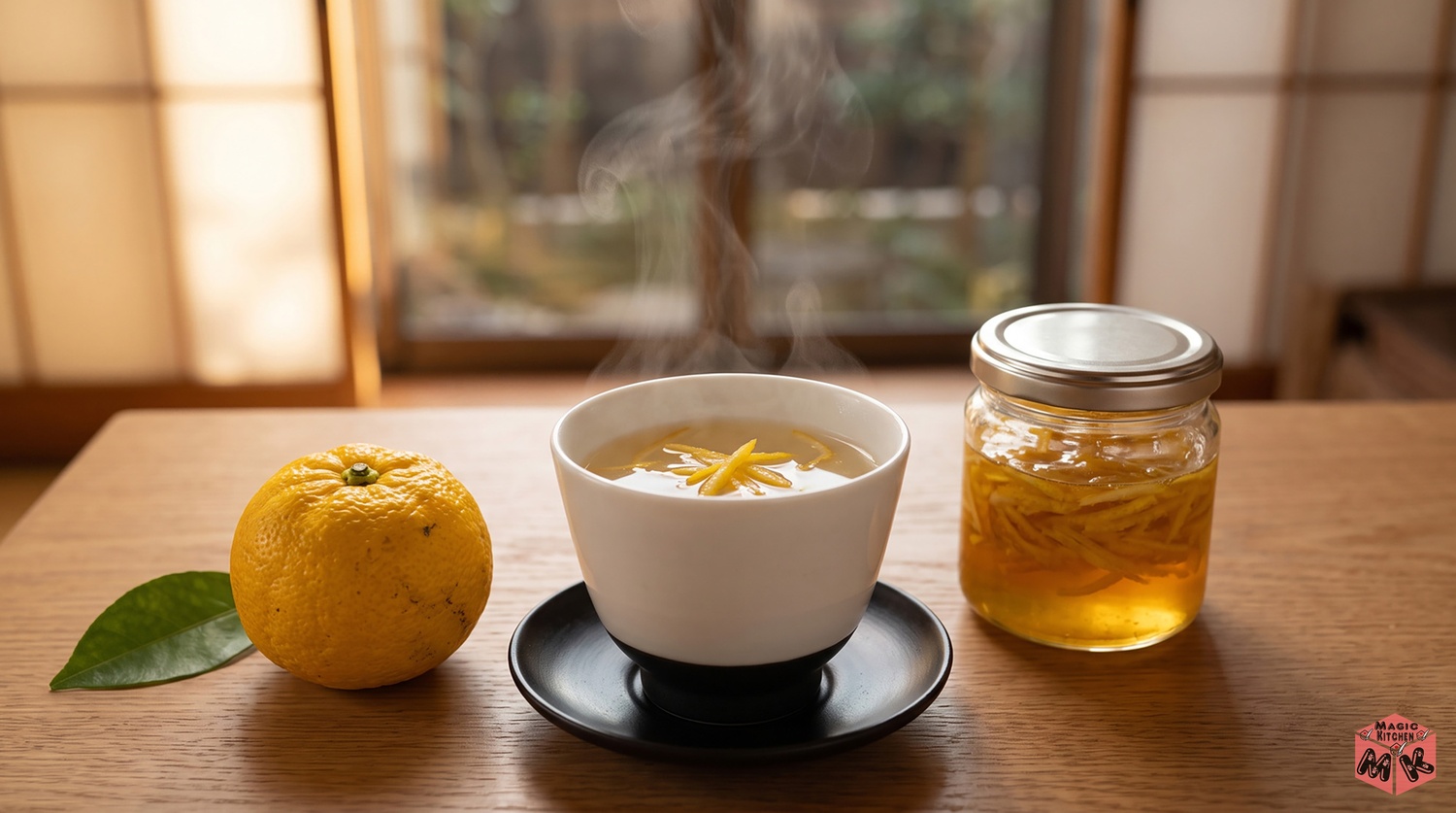 ゆず茶のお湯割りと冬の食卓のイメージ