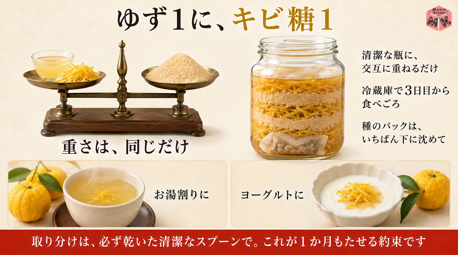 ゆず1対キビ糖1のゆず茶の黄金比の図解