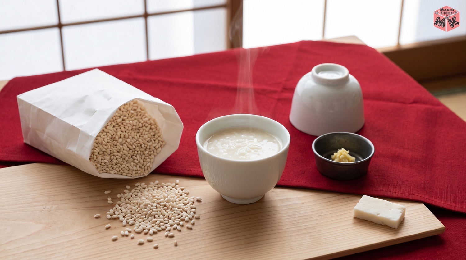 湯のみの甘酒と米麹の袋としょうがが並ぶ冬の食卓イメージ