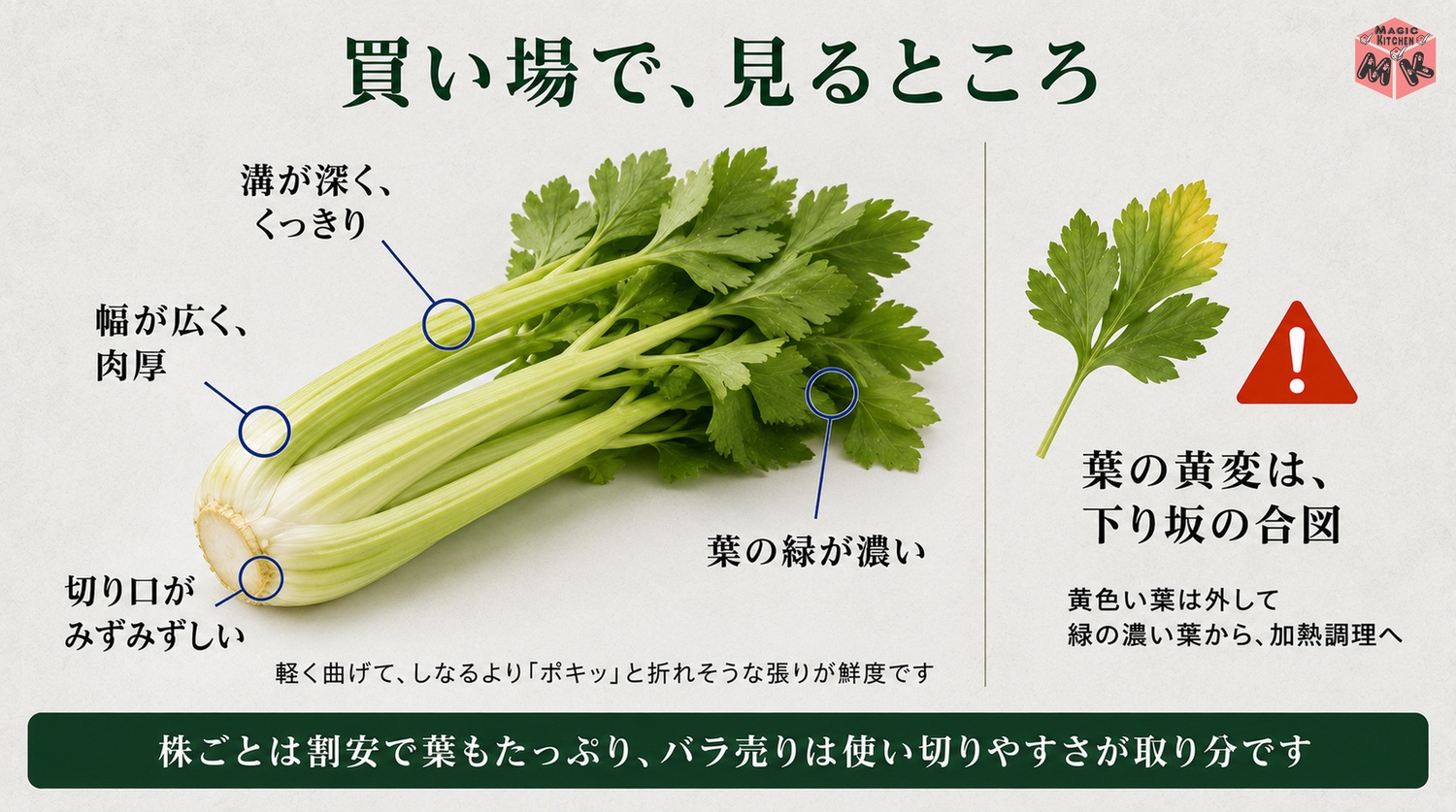 セロリの良い株の選び方と鮮度が落ちたサインの図解