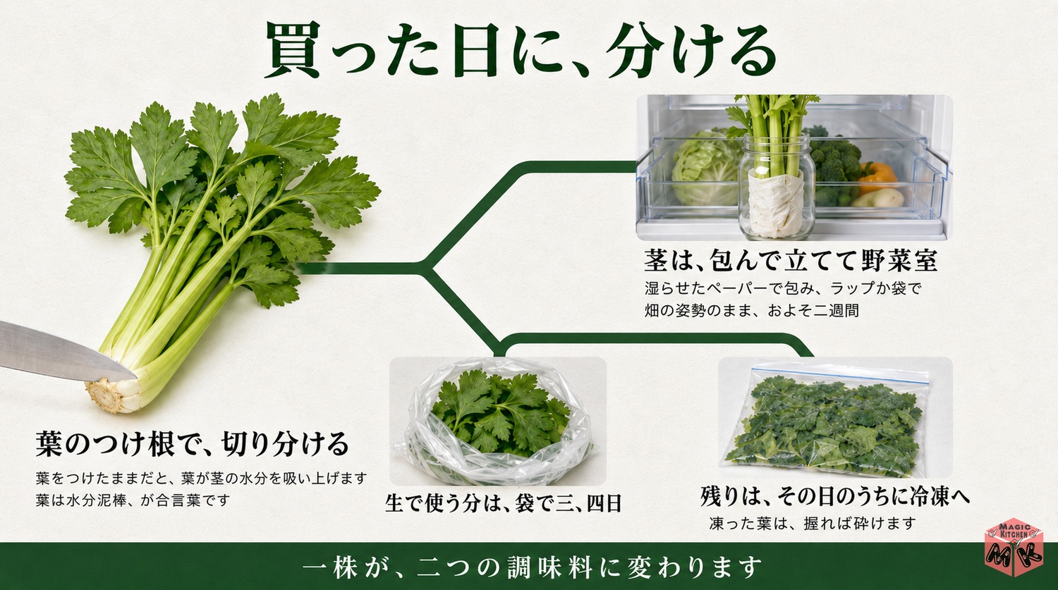 セロリの葉と茎を分けて立てて保存する工程図