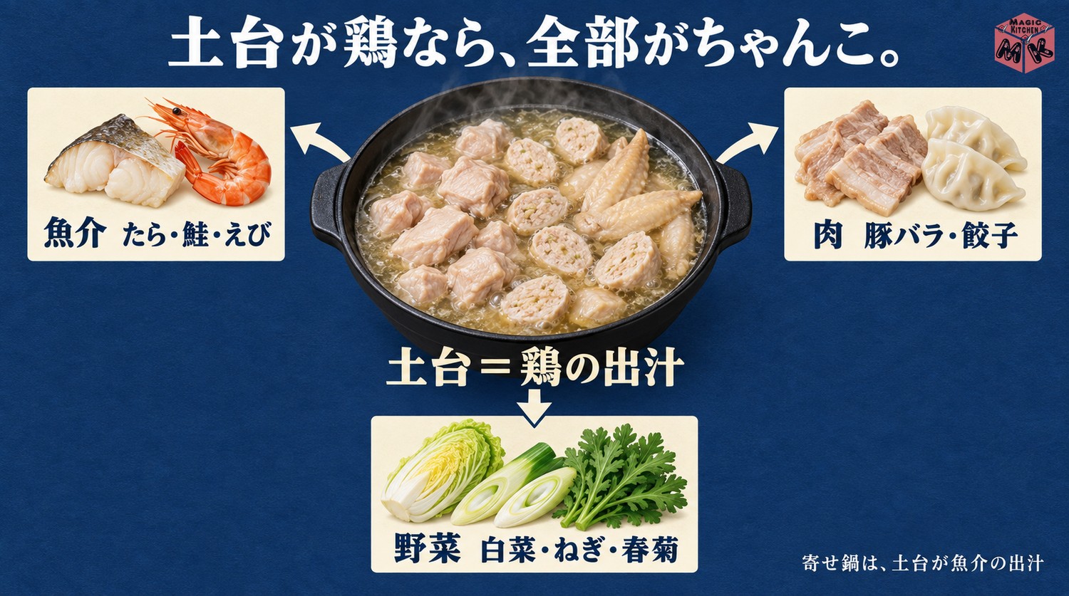 ちゃんこ鍋の具材の土台は鶏（魚介も肉も野菜も同居する）