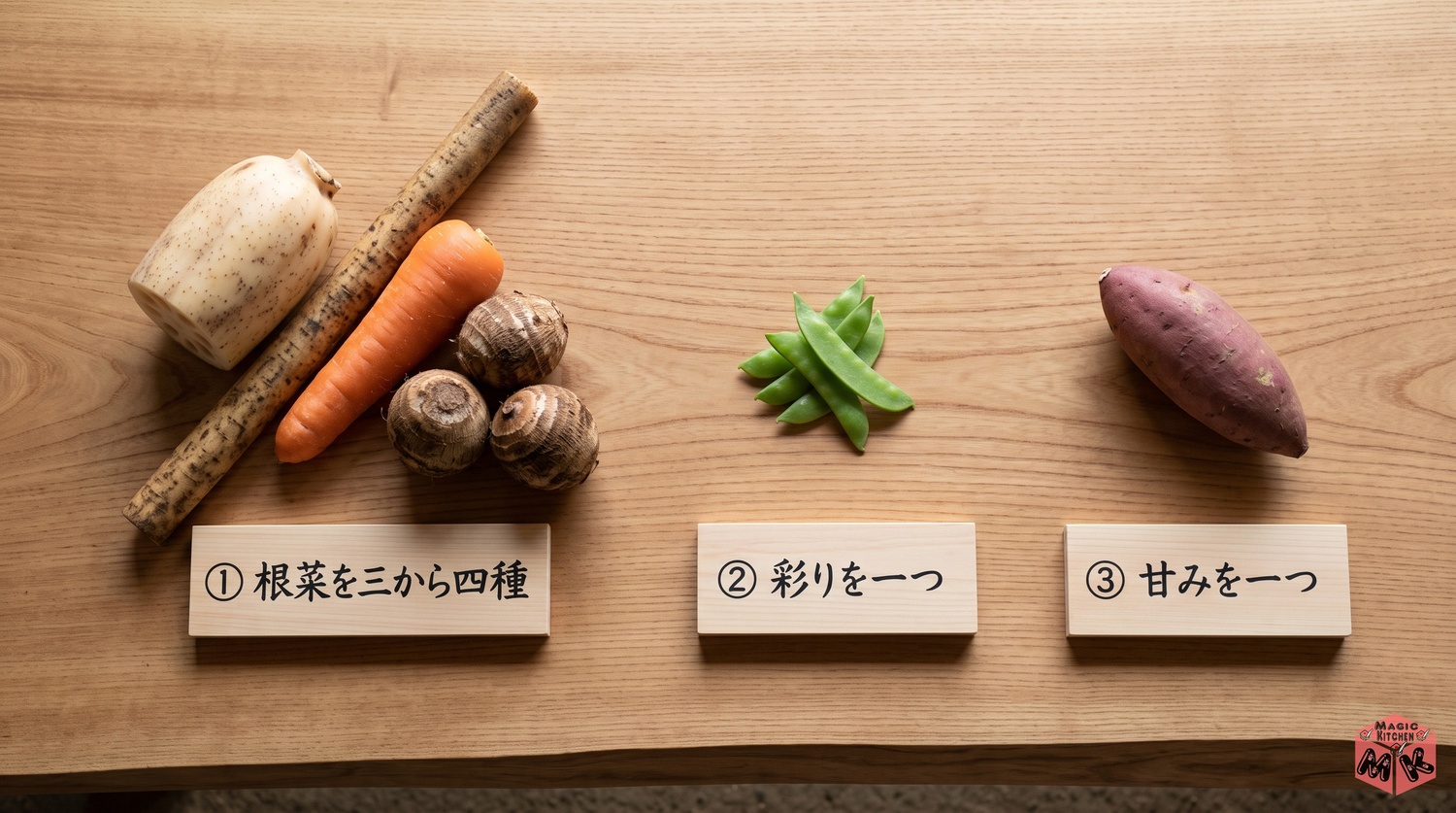筑前煮の具材選びの3つの考え方（根菜を3〜4種・彩りを一つ・甘みを一つ）