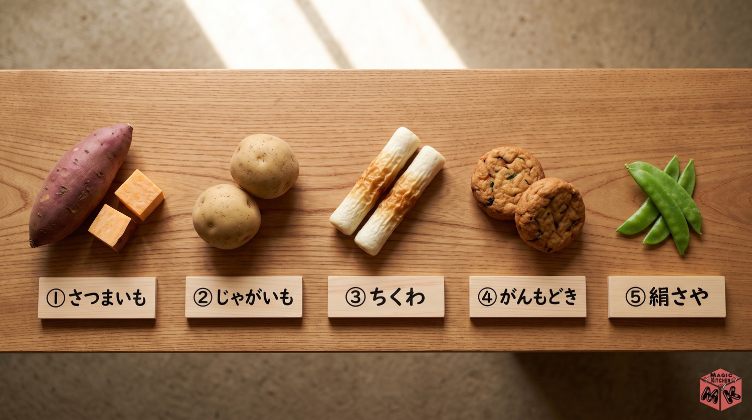 筑前煮の子どもが食べやすい具材5選（さつまいも・じゃがいも・ちくわ・がんもどき・絹さや）