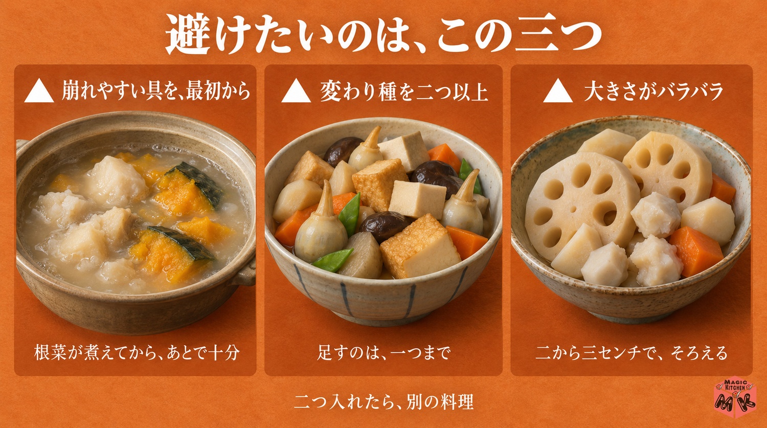 筑前煮の具材選びで避けたいこと（崩れやすい具・変わり種の入れすぎ・大きさのばらつき）