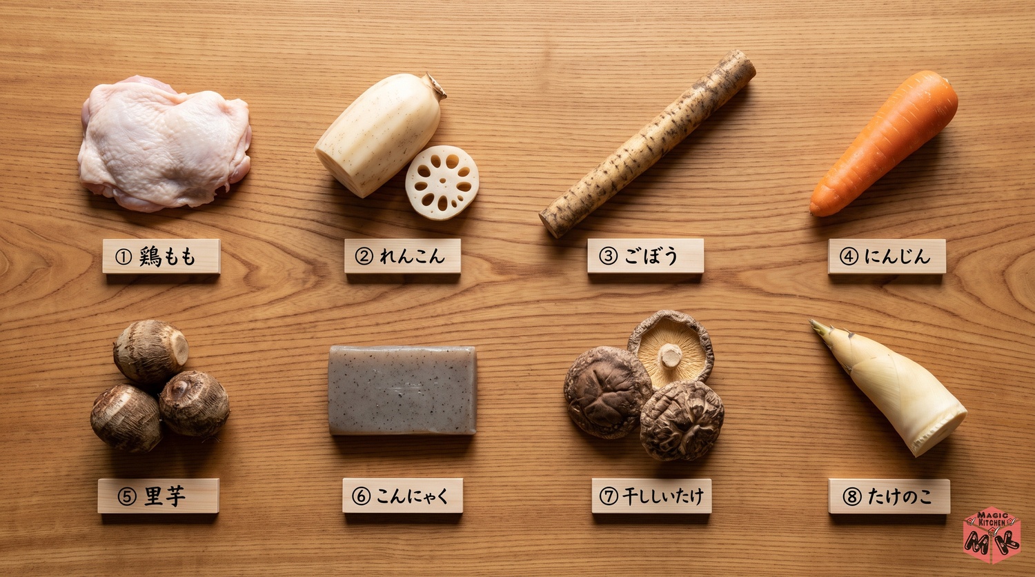 筑前煮の定番の具材8選（鶏もも・れんこん・ごぼう・にんじん・里芋・こんにゃく・干ししいたけ・たけのこ）