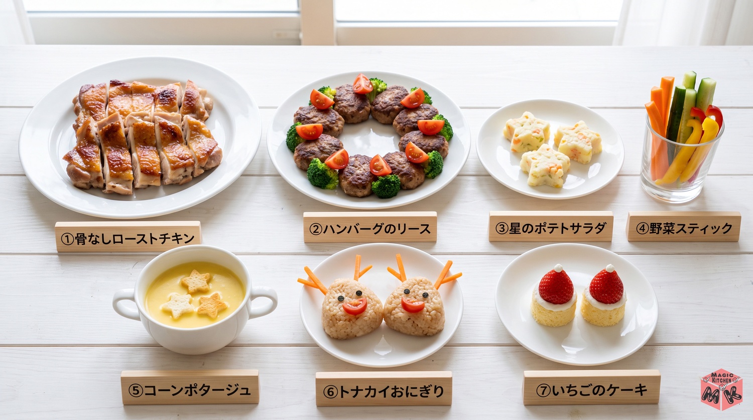 骨なしローストチキンとミニハンバーグのリースと星のポテトサラダなど子どもと祝うクリスマスの献立7品のコラージュ