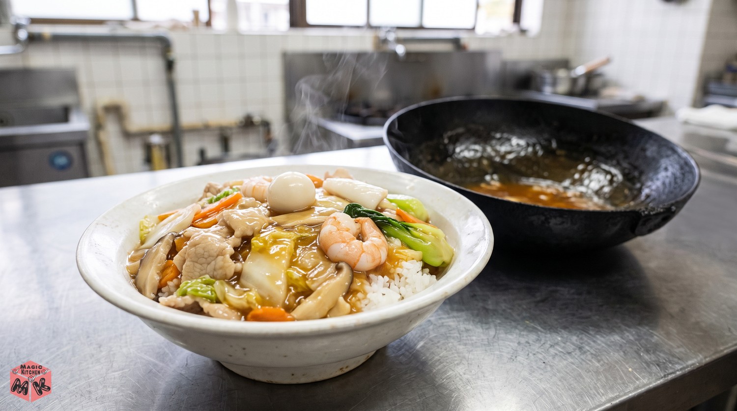 白いどんぶりの中華丼