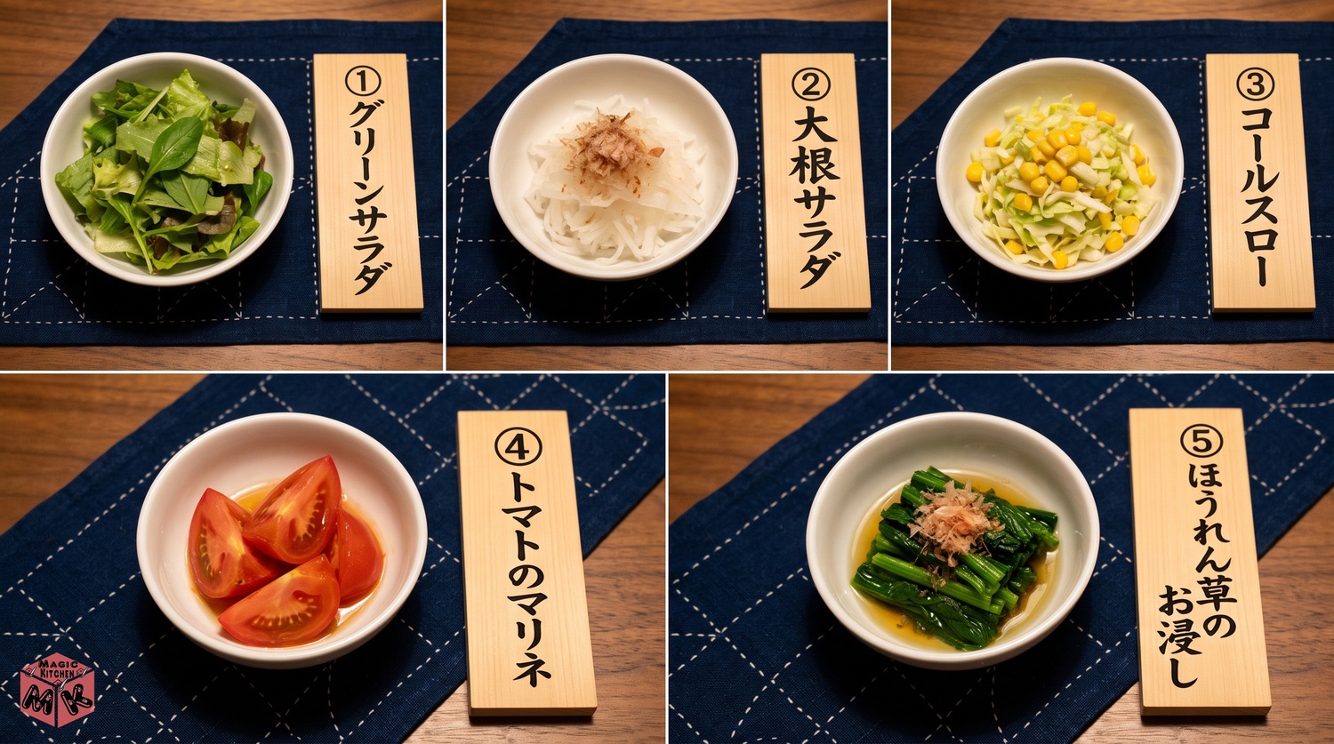カレー鍋に合う副菜5選の小鉢の並び
