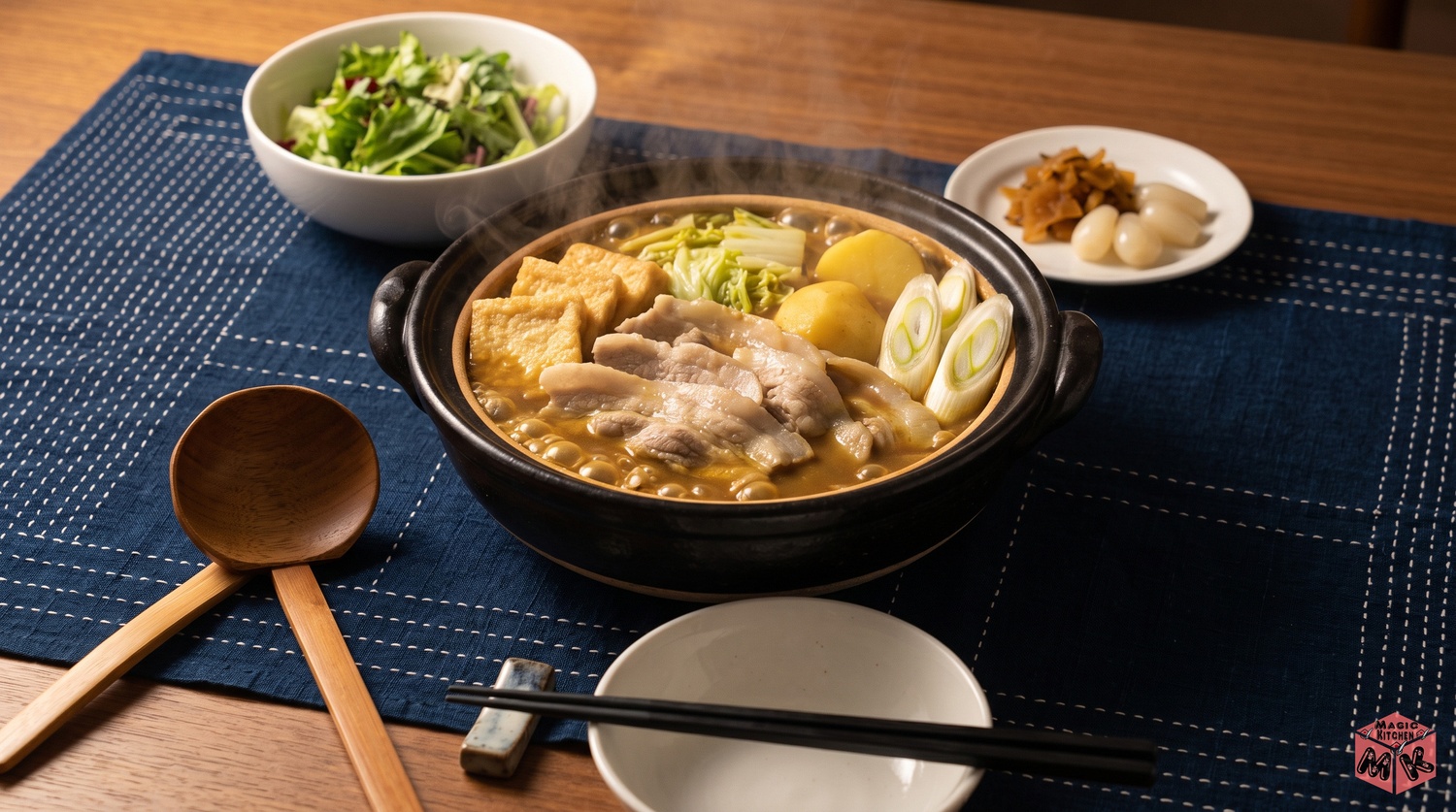 金色のカレー鍋と副菜小鉢の食卓イメージ