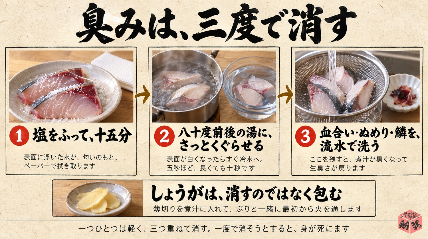ぶりの臭みを消す三段の下処理の工程図(塩をふって15分・霜降り・しょうがと煮る)