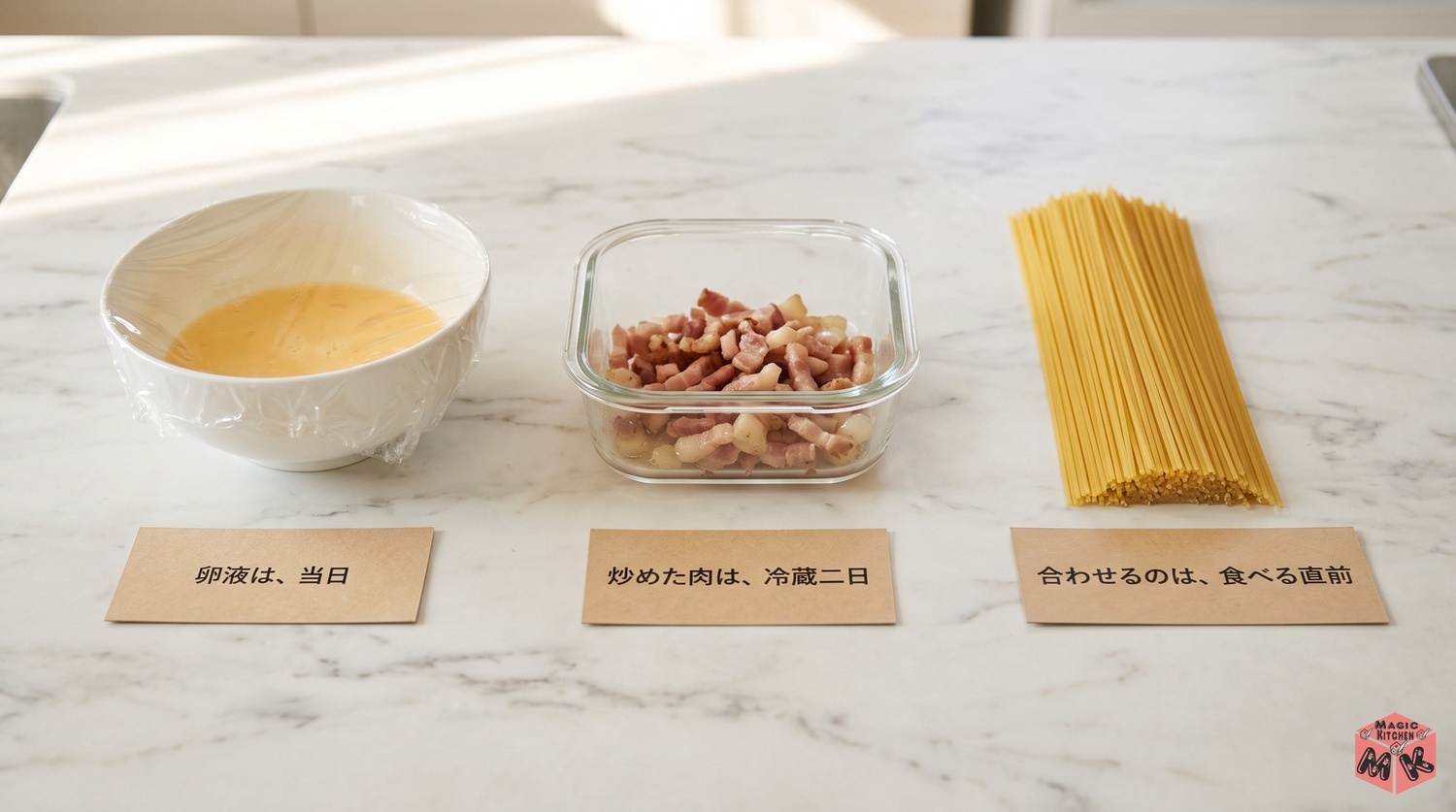 カルボナーラは作り置きできない（卵液は当日・炒めたグアンチャーレは冷蔵2日・食べる直前に合わせる）